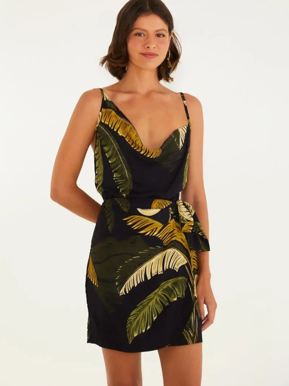 Tropical Leaf Cowl Neck Mini Dress - Black & Olive
Purchased in Brazil